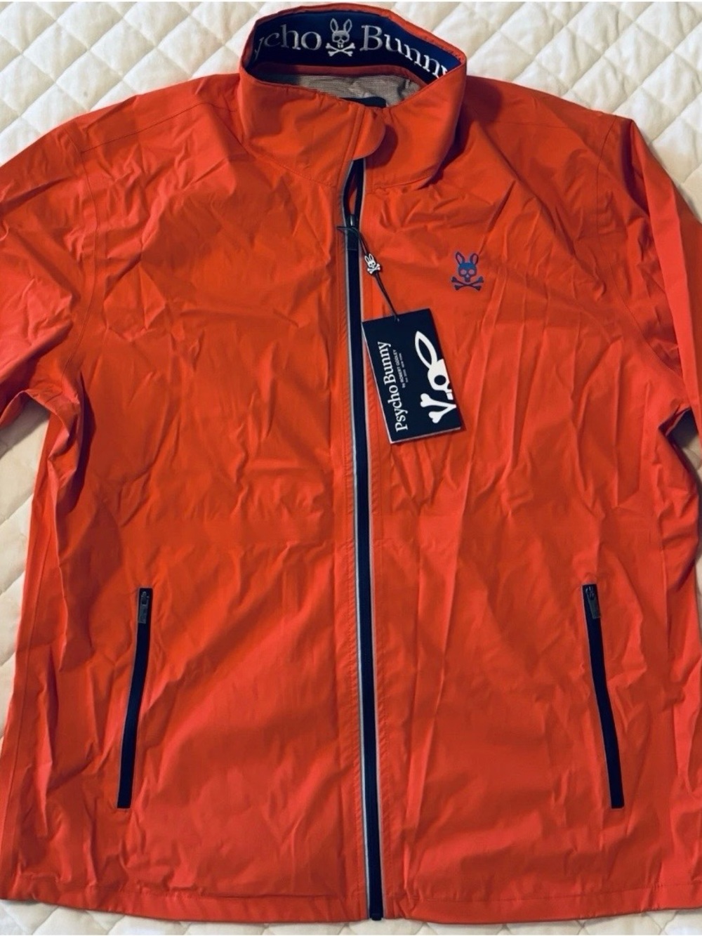 NWT Psycho Bunny Pimento Orange Lightweight Zip-Front Jacket with Navy Trim